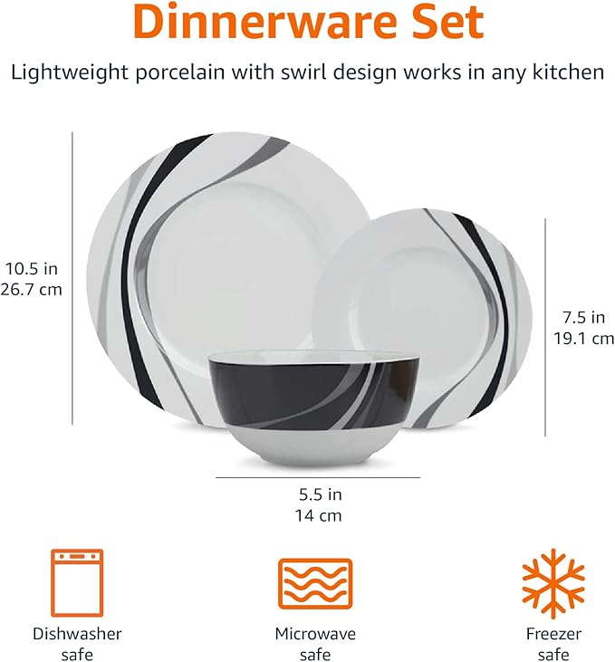 Amazon Basics 18-Piece Complete Kitchen Dinnerware Set Microwave and Dishwasher Safe Plates Dishes Bowls Swirl Heat Resistant Service for 6 Everyday Use