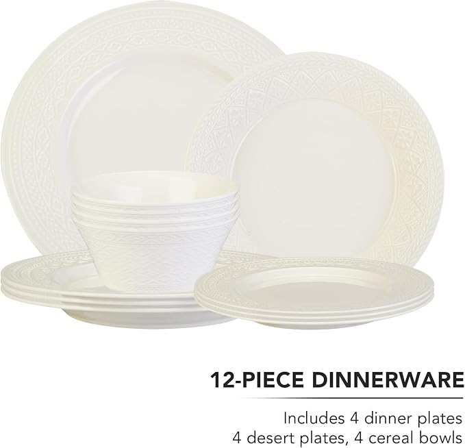 12-Piece White Ceramic Dinnerware Set - Relief Series Service for 4 Includes Bowls &amp 8''/9.6'' Plates Glossy Finish