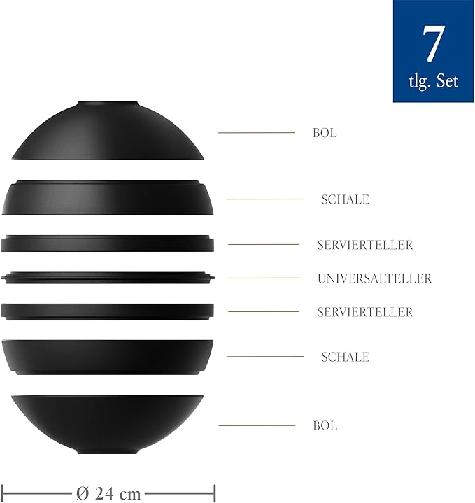 Villeroy &amp Boch Iconic Collection La Boule 7-Piece Dinnerware Set for 2 Premium Porcelain Made in Germany Dishwasher Safe 9.5 x 9 in Black