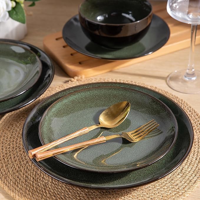 Ceramic Dinnerware Sets of 6Plates and Bowls SetsHandmade Reactive Glaze Dishes SetChip Resistant and Scratch Resistant | Oven&ampDishwasher &amp Microwave SafeService for 6-Green (30PCS)
