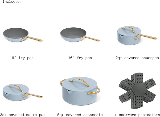 12-Piece Ceramic Nonstick Cookware Set with Lids Induction Compatible Pots and Pans Dishwasher Oven Safe Durable Ceramic Construction with Pour Spouts and Gold-Tone Handles (Cornflower Blue)