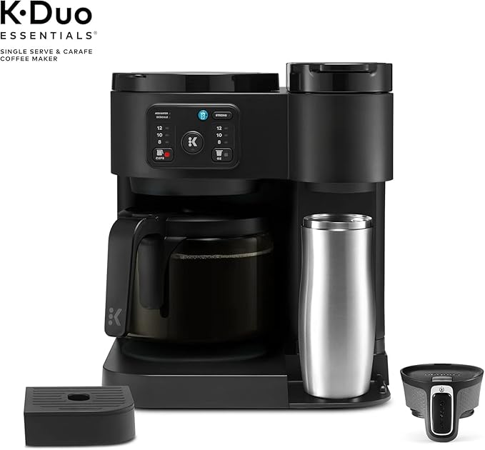K-Duo Essentials Hot &amp Iced Single-Serve Coffee Maker with 12-Cup Glass Carafe Brews KCup Pods &amp Coffee Grounds Multiple Brew Sizes 72 oz Reservoir Pause &amp Pour Feature (Blacks)
