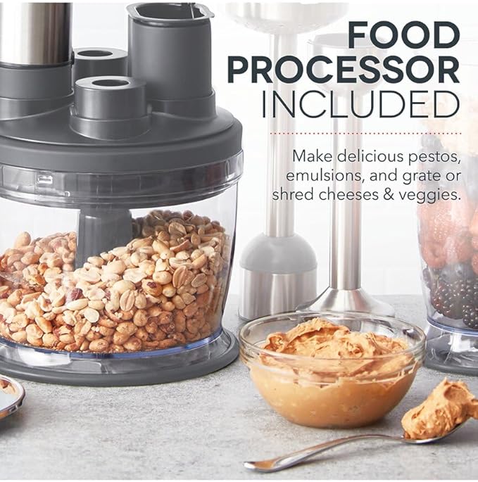 Dash Chef Series Deluxe Immersion Hand Blender 5 Speed Stick Blender with Stainless Steel Blades Dough Hooks Food Processor Grate Mash Slice Whisk Attachments and Recipe Guide – Cool Grey