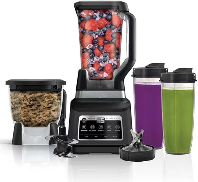 Professional Kitchen System 1400W Blender 8-Cup Food Processor Auto-iQ 72oz Pitcher 2 Single-Serve Cups