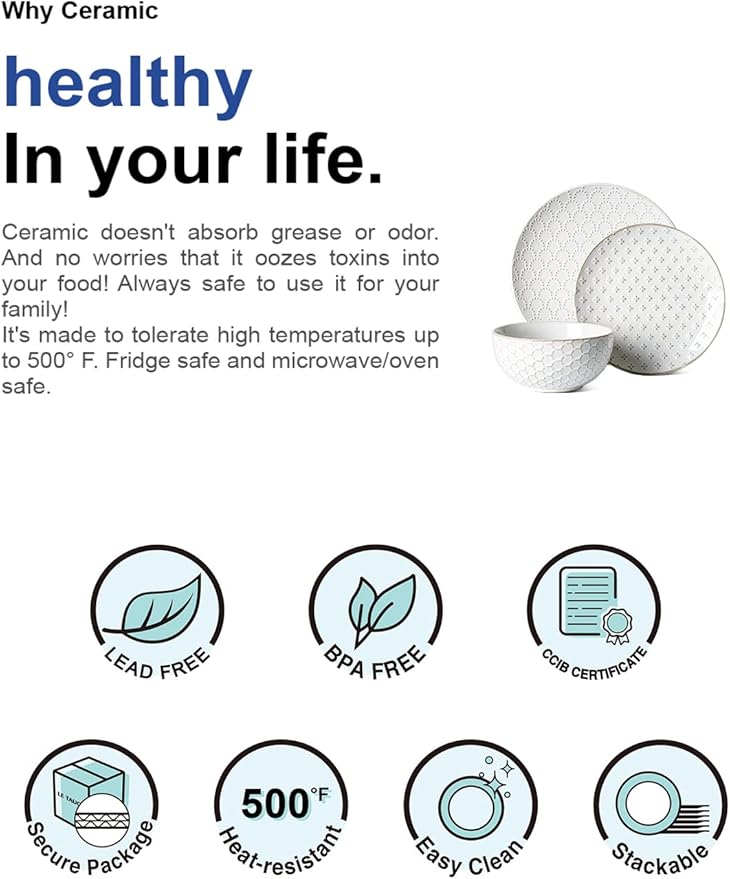 LE TAUCI Dinnerware Sets 12 PCS Ceramic Plates and Bowls Set Suit For Housewarming (10 Dinner Plate + 8 Salad Dish + 26 oz Cereal Bowl) x 4 Oven safe - Arctic White