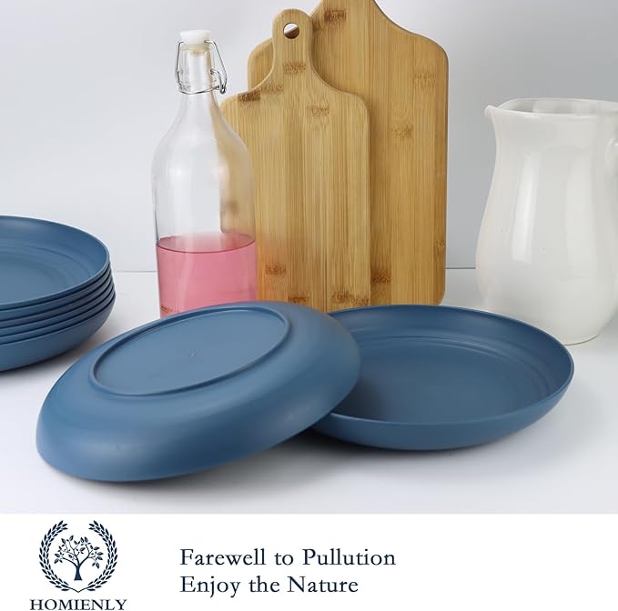 Homienly Plates and Bowls Sets of 8-24PCS Wheat Straw Dinnerware Set Serving Bowls Dinner Plate Microwave safe Cups for Kitchen (Blue)
