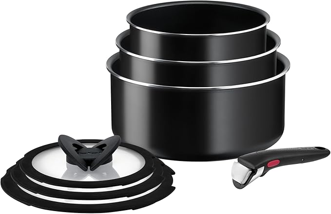 Tefal Ingenio Easy ON 7 piece Non-Stick Saucepan Set 16&amp18&amp20 cm Saucepans 16&amp18&amp20 cm Glass Lids Bakelite Removable Handle Easy Cleaning Heat Indicator Black L1599602