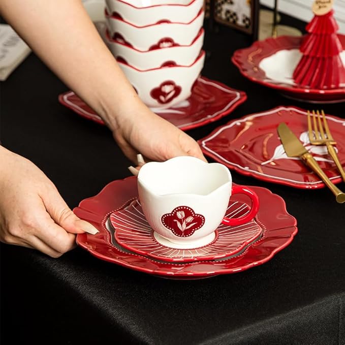 Red Tulip Ceramic Dinnerware Set 13-Piece with 4 Bowls and 4 Plates Vintage Floral Pattern Retro Style Tableware with Gift Box