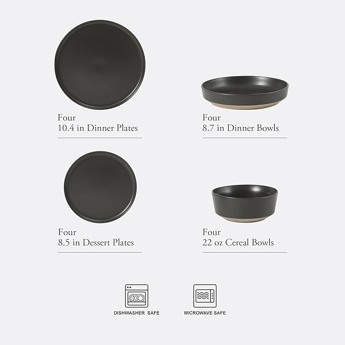 Gibson Elite Overbrook 16-Piece Pottery Clay Stoneware Dinnerware Set – Black Reactive Glaze Stackable Plates and Bowls W/Pasta Bowl Service for 4 – Microwave &amp Dishwasher Safe