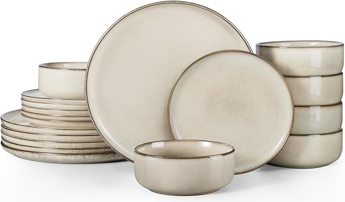 Herogo Stoneware Plates and Bowls Sets for 6 18 Pieces Modern Round Dinnerware Reactive Glaze Dishes Set for Kitchen Chip Resistant Microwave &amp Dishwasher Safe Cream Khaki
