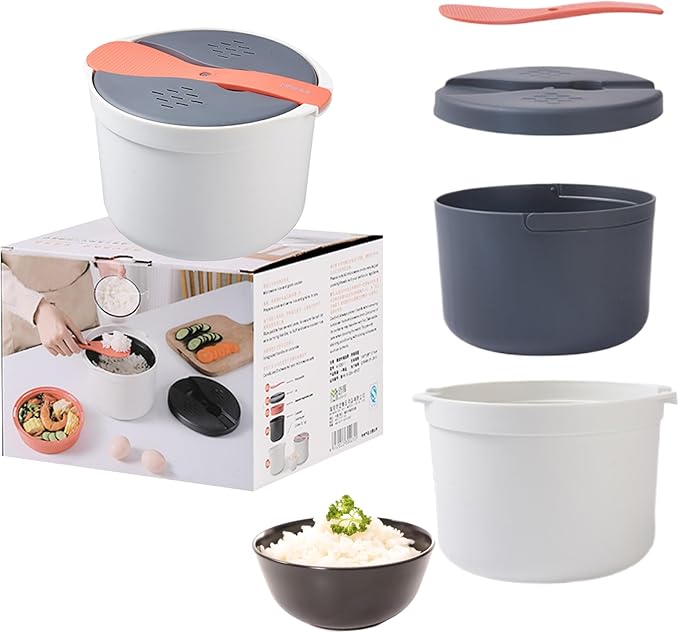 Microwave Rice Cooker Steamer Set: 2L Microwave Pasta Cooker with Rice Spoon Lid Strainer Non-stick Rice Cooker Steaming Pot for Rice Pasta Vegetables Quinoa Oatmeal Ramen (Orange)