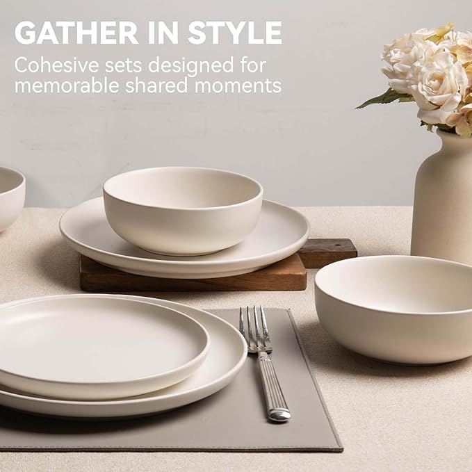 Plates and Bowls Sets 12 Pieces Modern Stoneware Dinnerware Sets Stackable Matte Glaze Kitchen Stoneware Plates and Bowls Set for 4 People Microwave and Dishwasher Safe(White)