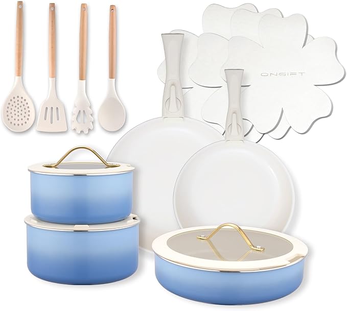 20pcs Ceramic Cookware Set Nonstick Detachable Handle Pots and Pans Set Non ToxicNo PFAS &amp PTFE &amp PFOA Dishwasher/Oven Safe RV Kitchen Set Removable Handle for Cooking Blue