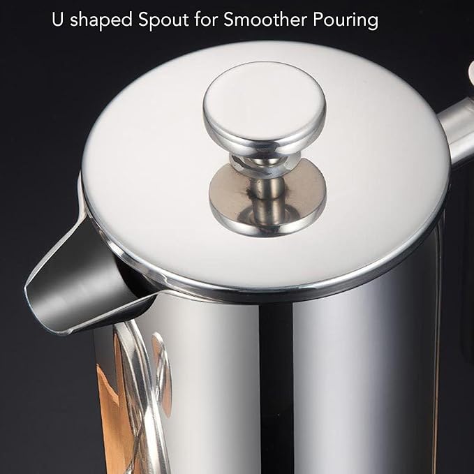 Fockety French Press Coffee Maker Stainless Steel Double Wall Insulated Coffee Press with U Shaped Spout Rustproof Dishwasher Safe French Coffees Maker for Home Office Camping (1000ml)