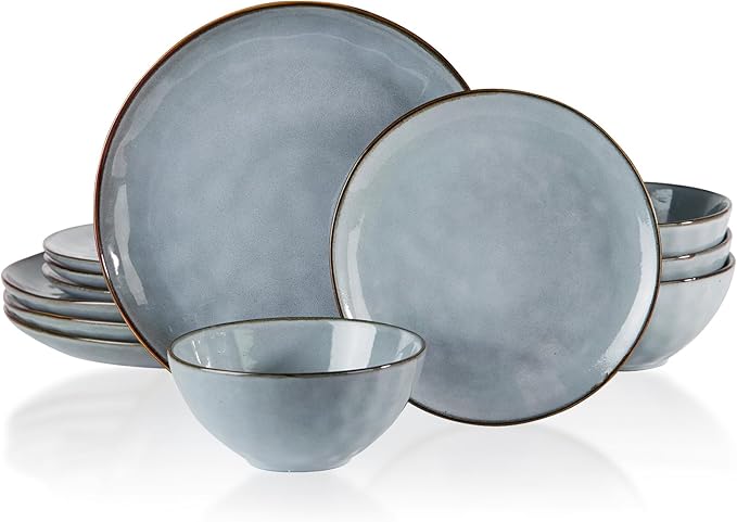 Famiware Ocean Round 12 Pieces Dinnerware Set + 6 Pieces Dipping Bowl Set Microwave and Dishwasher Safe Blue