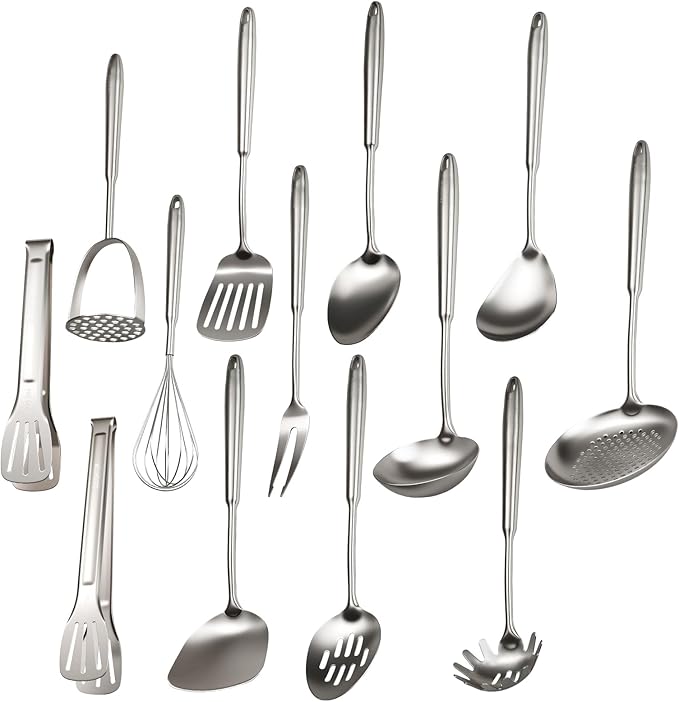 18/10 Stainless Steel Cooking Utensils Set 13 PCS Long Large Metal Cooking Utensil Tools Set Mirror Polished Kitchen Gadget Cookware and Kitchen Tool Set Dishwasher Safe