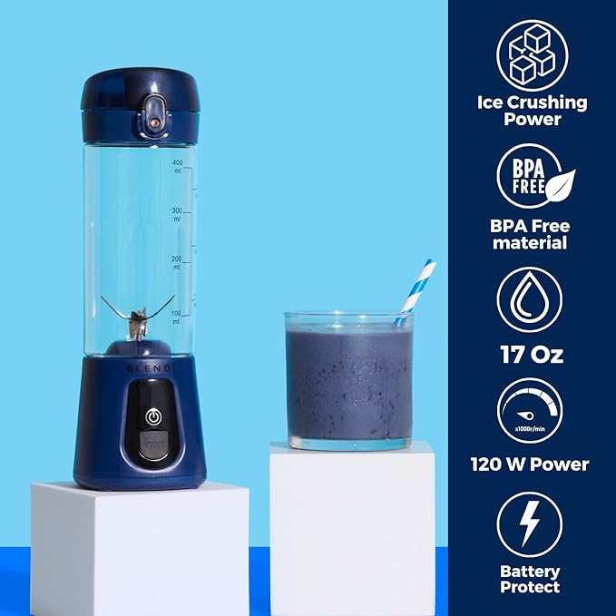 BLENDi Pro+ Portable Blender (17.5oz Navy Blue) – Powerful Ice Crushing 120W Motor USB-C Rechargeable Cordless Personal Blender Smoothies &amp Shakes – BPA-Free Self-Cleaning Travel-Friendly