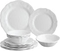 UPware 12 Piece Dimple Melamine Dinnerware Sets Outdoor Dishes Set Plates and Bowls Sets Service for 4 White