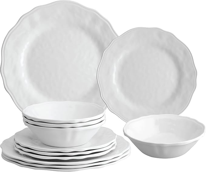 UPware 12 Piece Dimple Melamine Dinnerware Sets Outdoor Dishes Set Plates and Bowls Sets Service for 4 White