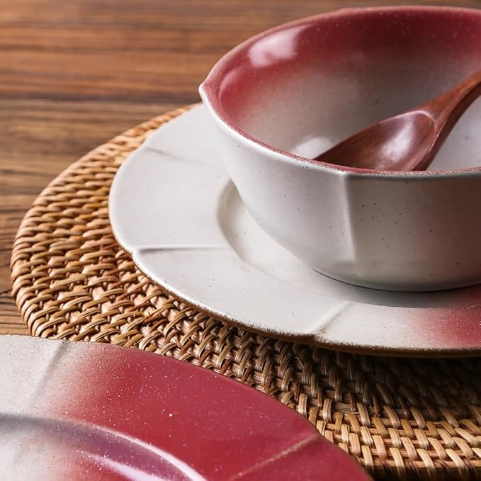 Ceramic Dinnerware Sets for 4 12 Pieces Dishes Set for Kitchen Porcelain Floral Plates and Bowls Set Microwave and Dishwasher Safe Scratch Resistant Underglaze painting (Gradient Red)