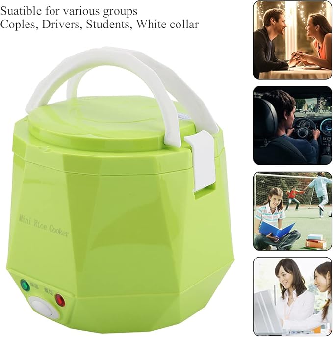 Travel Rice Cooker Portable 12V 100W 1 3L Mini Multifunctional Electric Non Stick Pot for Outdoor Car Cooking with Keep Warm Function and Easy Carry Design (Green)