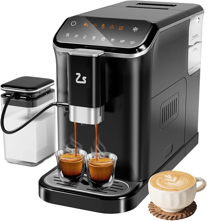 Fully Automatic Espresso Machine - 20 Bar Professional Coffee Maker with PID Temperature Control Built-In Grinder &amp Milk Frother 1.5L Tank 5 Coffee Options Touch Display Black