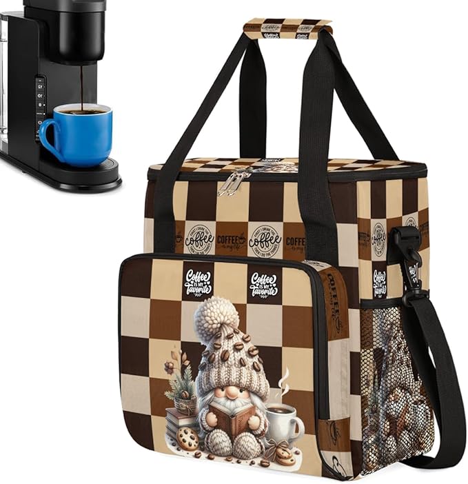 Coffee Brown Gnome Coffee Maker Carring Bag Travel Carrying Storage Tote Bag Compatible with Keurig K-Mini or K-Mini Plus Portable Single Serve Coffees Brewer Case with Pockets for K-cup Pods
