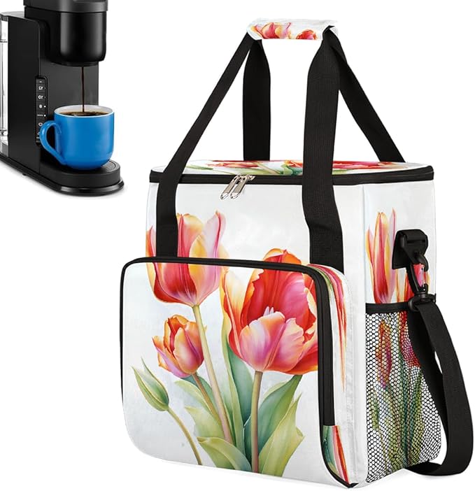 Tulips Painting Pattern Coffee Maker Carring Bag Travel Carrying Storage Tote Bag Compatible with Keurig K-Mini or K-Mini Plus Portable Single Serve Coffee Brewer Case with Pockets for K-cup Pods