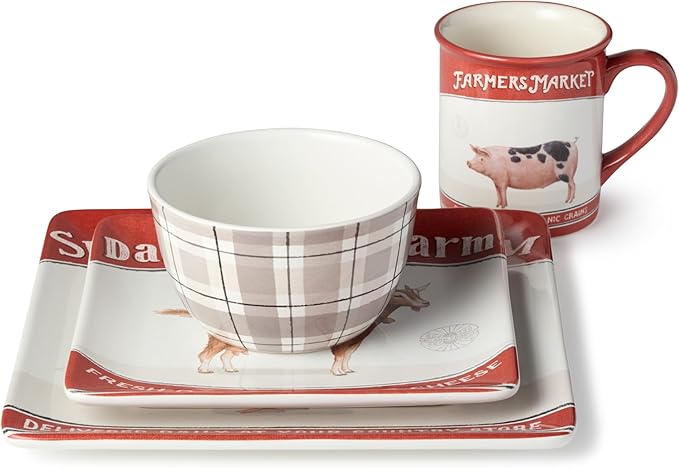 Vintage Farm 16-Piece Dinnerware Set Includes 10.5-Inch Dinner Plates 8.5-Inch Salad Plates 16-Oz Mugs &amp 5.25-Inch Bowls Farm Animal Design with Red Accents Rustic &amp Dishwasher Safe