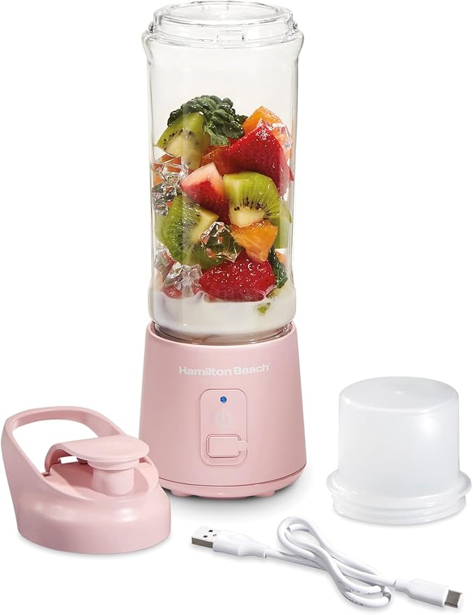 Hamilton Beach Mini Cordless Portable Personal Blender for Shakes and Smoothies USB Rechargeable 16 oz. Jar with Leakproof Travel Lid 6 Stainless Steel Blades Pink (51181)