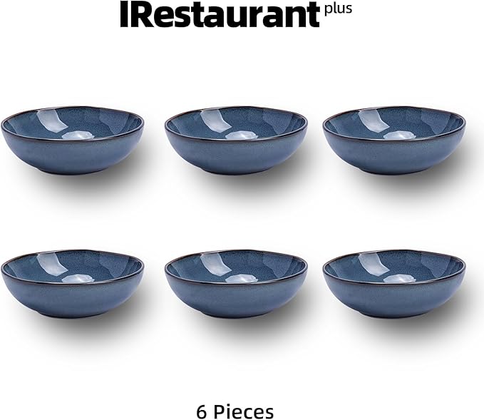 Organic Shape Highland Ceramic Soup/pasta Bowl 6pcs Reactive Glaze 8inch Bowls with Wavy Edge for Kitchen Microwave &amp Dishwasher Safe Scratch Resistant-Blue