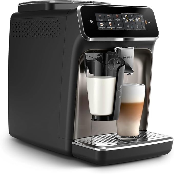PHILIPS 3300 Series Fully Automatic Espresso Machine - LatteGo Milk System 5 Coffee Varieties Intuitive Touch Display SilentBrew 100% Ceramic Grinder AquaClean Filter Glossy Black (EP3347/90)