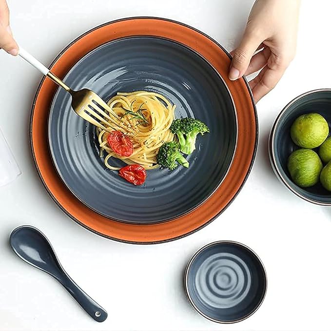 Kitchen Tableware SetCeramics Dinnerware Set Thread Pattern Chip Resistant Dinner Set/17 Pcs Porcelain Dish Set-Colorful Plates and Bowls Set for WeddingOran(