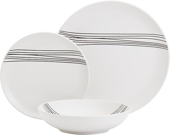 Tabletops Gallery 12-Piece Embossed White Black Striped Stoneware Dinnerware Set of Kitchen Dishes Round Dinner Salad Plates Cereal Bowls Service for 4 Skye