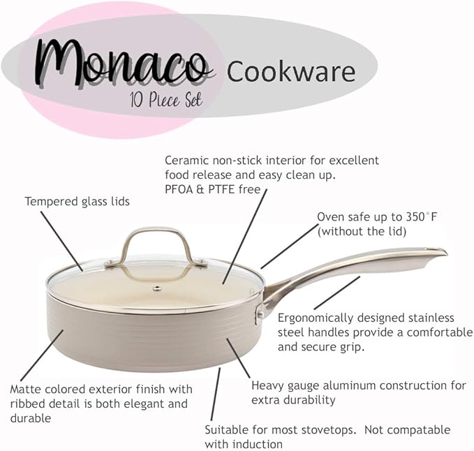 Denmark Tools For Cooks 10-Piece Monaco Nonstick Aluminum Cookware Set Snow White
