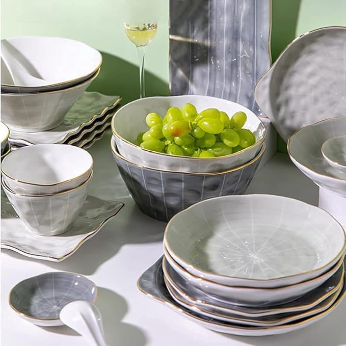 Kitchen Dinnerware Set Plates Set Dishes Set Break Resistant Dishes Plates and Bowls | 33 Pcs Retro Ceramic Phnom Penh Tableware for Family Gathering and Gift Colorfu