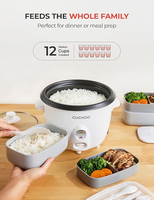 CUCKOO One Touch Rice Cooker 12-Cup Cooked Small Rice Cooker &amp Warmer with Steamer Tray Versatile Grain Cooker Soup Maker Auto Keep Warm 6-Cup Uncooked White (CR-0601C)