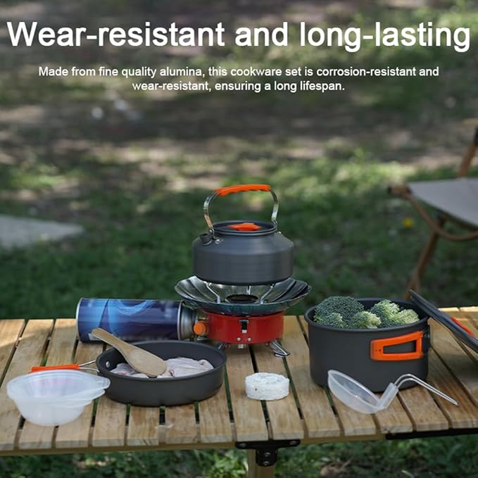 EVTSCAN Camping Hiking Cookware Set Outdoor Portable Picnic Cookware Kit Alumina Pot Frying Pan Set Travel Cooking Accessory