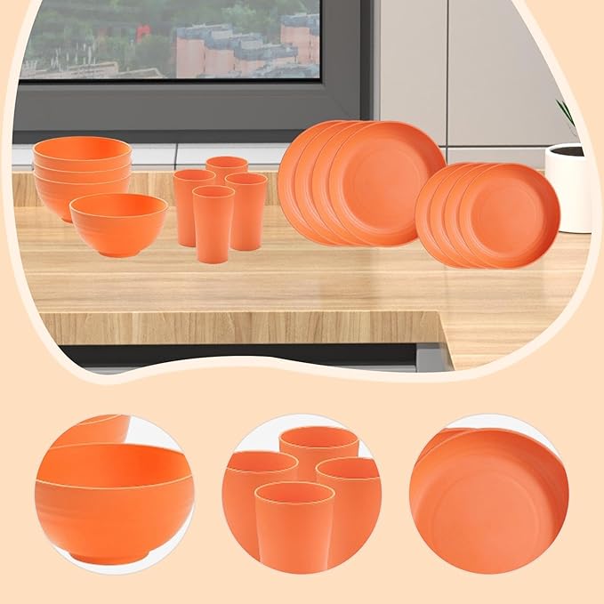 Dinnerware Sets Non Breakable Service for 4 Round Minimalist Matte Dishes Cups for Party Home RV Outdoor Camping Kitchen Orange