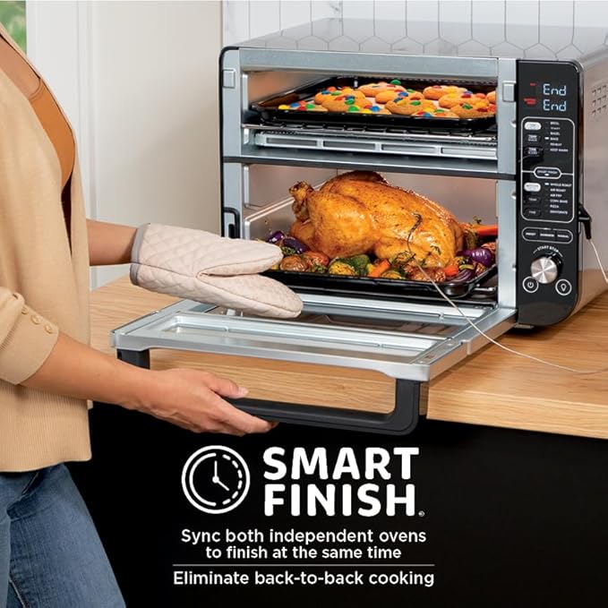 Ninja DCT451 12-in-1 Smart Double Oven with FlexDoor Thermometer FlavorSeal Smart Finish Rapid Top Convection and Air Fry Bottom  Stainless Steel