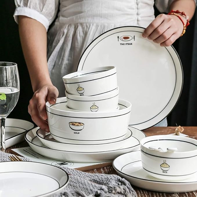 Dinner Set Ceramics Dinner Sets 56 Pieces Nordic Simple Style Dinnerware - Bowl/Dish/Spoon | Black Border Double Line Porcelain Combination Set for Family Party Resta