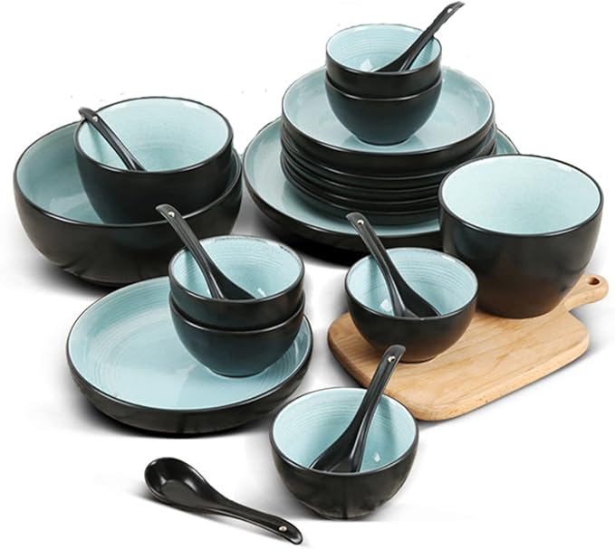 Dinnerware Set 18 Pieces Stoneware Dinnerware Dinner Set for 4 Vintage Look Dinner Dish Set Chip Resistant Tableware Set with Dinner Plate Dessert Plate Bow(