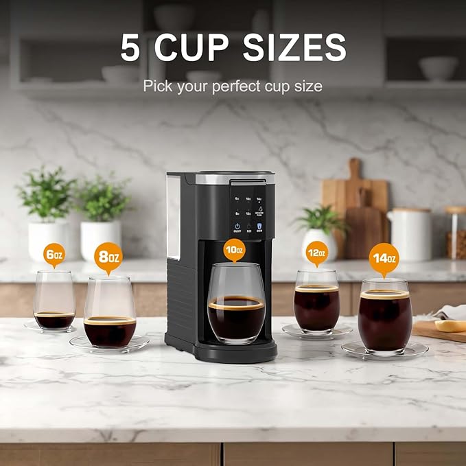 Kndko Single Serve Coffee Maker for Capsule and Ground Coffee 6 to 14oz Brew Sizes 40oz Removable Reservoir Fast Brew Compact Design Travel Mug Friendly Black