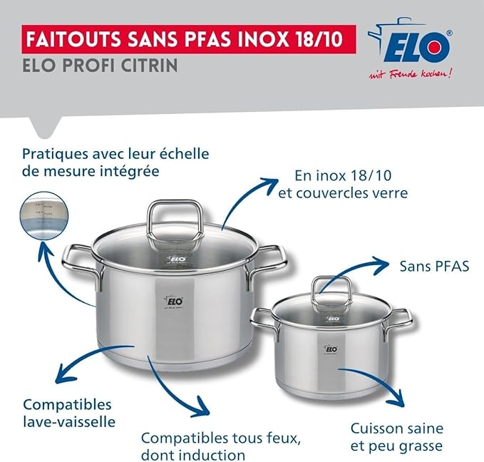 ELO 9508750 Cookware Set 4 Pieces 2 Frying Pans 28 and 32 cm and 2 Saucepans 14 and 20 cm Elo Profi Citrine Stainless Steel Induction