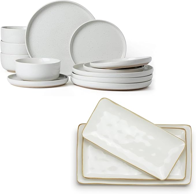 Famiware Milkyway Plates and Bowls Sets + 3 Pcs Ocean Rectangular Serving Platter 15-Piece Dinnerware Sets for 4 White