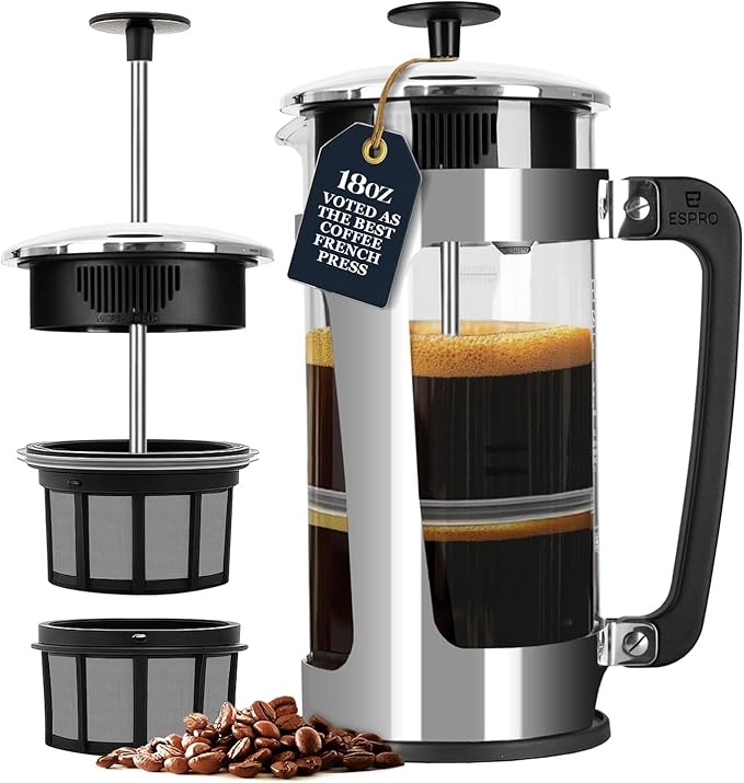ESPRO P5 French Press Coffee Maker – Patented Double Micro-Filter for Grit Free Brew Heat-Resistant Thicker Borosilicate Glass Coffee Press – 18 oz