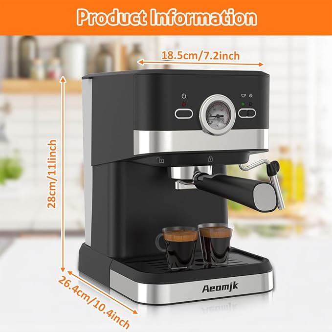 Aeomjk Electric Coffee Machine with Milk Frothing System 20Bar Mini Coffee Maker with Portafilter and Visual Single and Double Serve 1.6Qt Water Tank for Latte Espresso Cappuccino