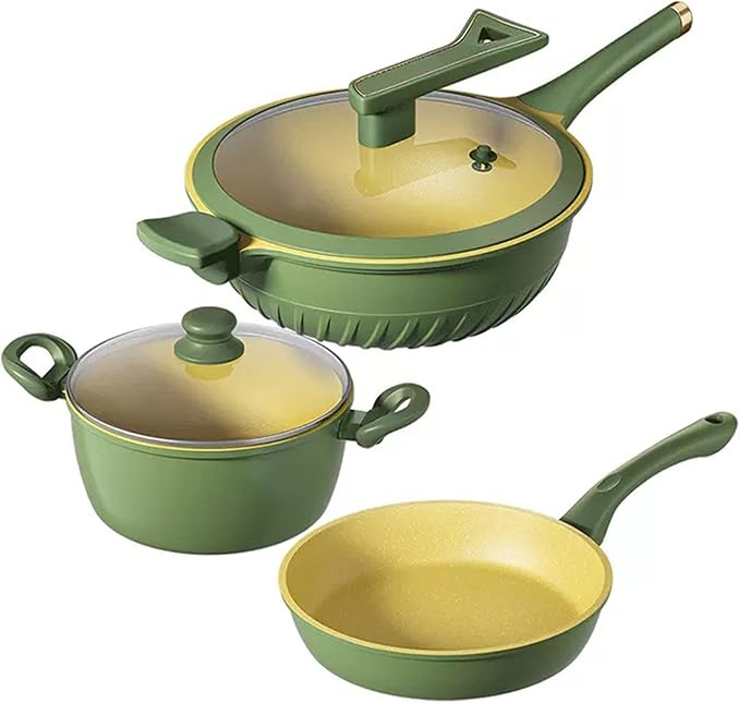 Pan Sets with Lid &amp Ladle Cooking Pots Nonstick Saucepans Cookware Set Small Kitchen Pot Induction Comptable Easy to Clean PFOA Free (Green)