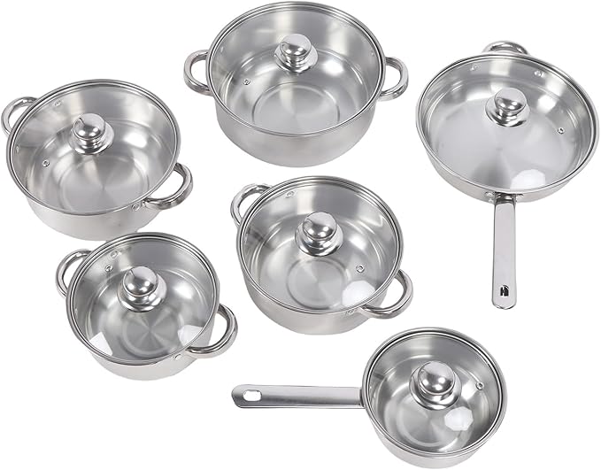6 Pcs Pots and Pans Set Even Heating Stainless Steel Cookware Set with Glass Lids Frying Pans Saucepans and Saute Pan Kitchen Cookware Sets Easy to Clean