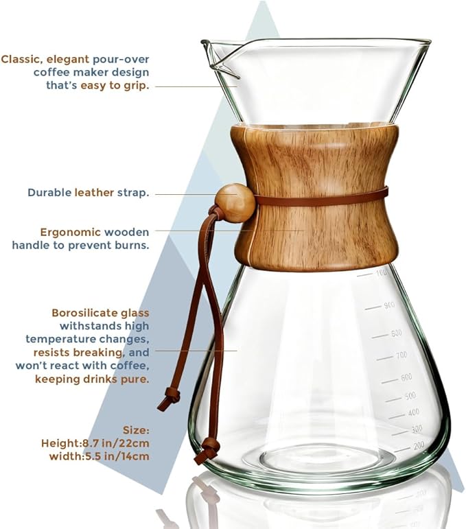 AGOGO Pour Over Coffee Maker Glass - 10 Cup Barista Kit with 304 Stainless Filter for Home Office Camping Cafes - Easy Clean Coffee Dripper Set (Soft Towel&ampBrush Included) (10 Cup/34 oz-Slim Sh